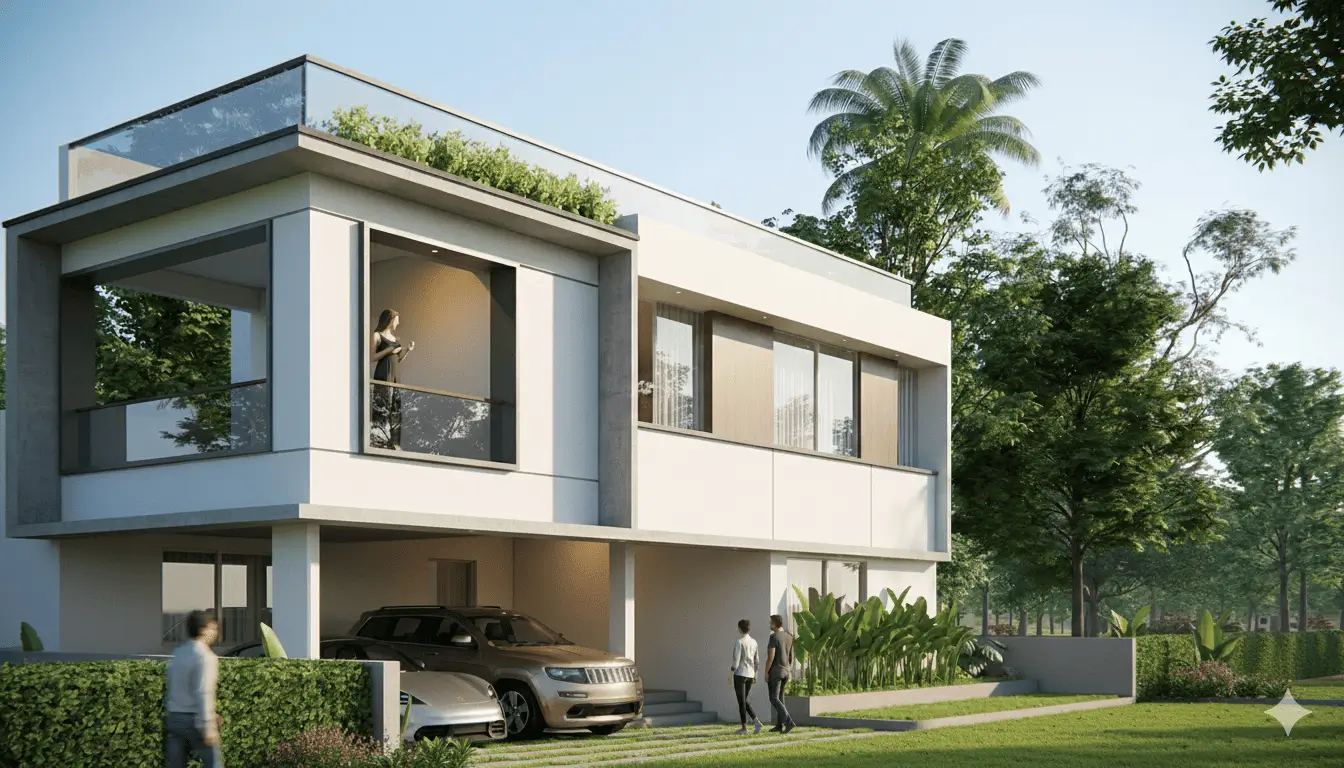 Villa exterior with landscaped driveway