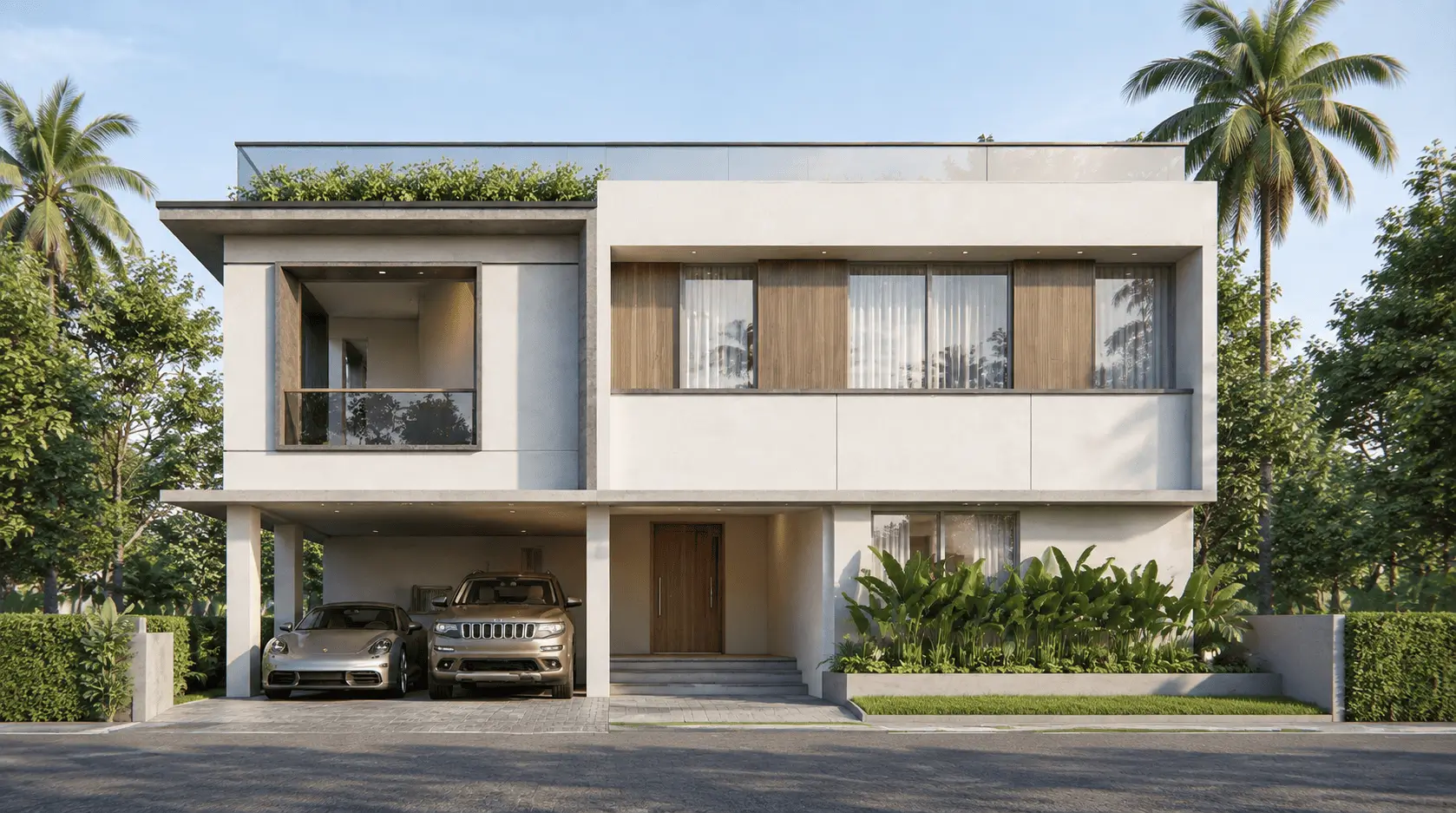 Contemporary villa and landscaped entry
